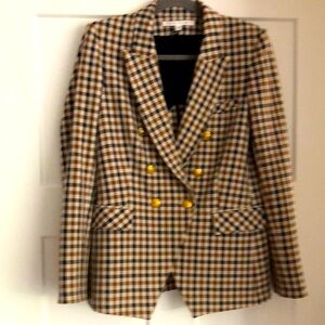 Navy and camel check double breasted blazer. Veronica Beard